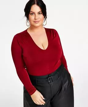 Модный топ больших размеров с V-образным вырезом и длинными рукавами Nina Parker, красный