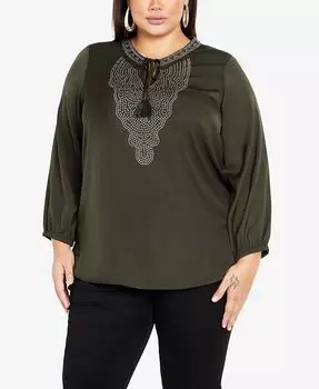 Модный топ больших размеров с воротником и длинными рукавами City Chic, тан/бежевый