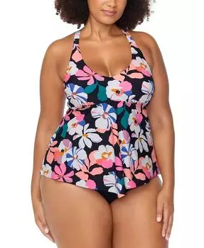 Модный топ танкини на косточках Aviva Floral Tankini Top Plus Size и плавки бикини Costa с рюшами Raisins Curve, розовый