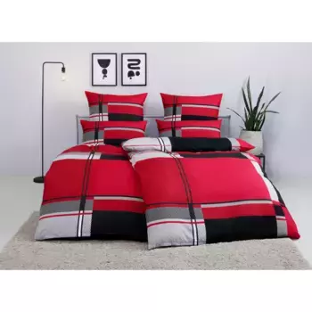 Мое домашнее постельное белье "Нина в спортивном клетчатом дизайне, из 100% хлопка, комплект постельного белья качества Linon или Flaver, постельное белье и наволочка на пуговицах, экологически чистые", (2 шт.) My Home, красный