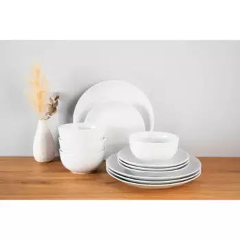 Мой домашний комбинированный сервиз «Анжи», (набор, 12 предметов, по 4 обеденные и десертные тарелки, миски для хлопьев), набор посуды, гармоничная, модная форма купе My Home, белый