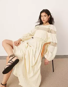 Молочно-желтое платье макси трапеции ASOS EDITION с рукавами-фонариками, заниженной талией и вставкой, связанной крючком