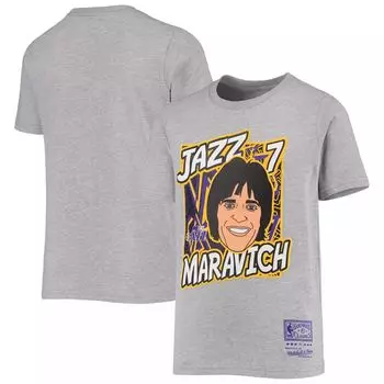 Молодежная футболка Mitchell & Ness Pete Maravich Heathered Grey New Orleans Jazz Hardwood Classics King of the Court Player Футболка Unbranded
