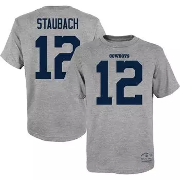 Молодежная футболка Mitchell & Ness Roger Staubach Heathered Grey Dallas Cowboys в стиле ретро с именем и номером игрока Unbranded
