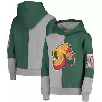 Молодежный флисовый пуловер с капюшоном Mitchell & Ness Green/Heathed Grey Seattle SuperSonics из твердой древесины, классический флисовый пуловер с капюшоном Unbranded