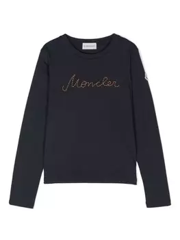 Moncler Enfant хлопковая футболка с вышитым логотипом, синий