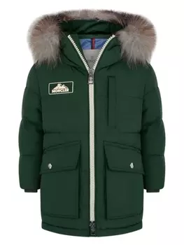 Moncler Enfant пуховик с искусственным мехом и логотипом, зеленый