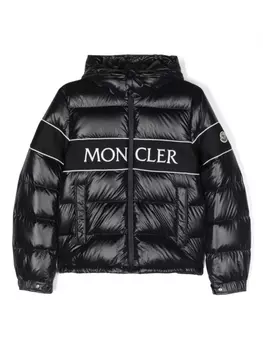 Moncler Enfant пуховик с капюшоном и вышитым логотипом, синий