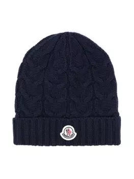 Moncler Enfant шапка бини фактурной вязки с нашивкой-логотипом, синий