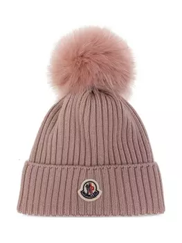 Moncler Enfant шапка-бини с логотипом и аппликацией из рубчатой вязки, розовый