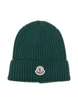 Moncler Enfant шапка-бини в рубчик с логотипом, зеленый