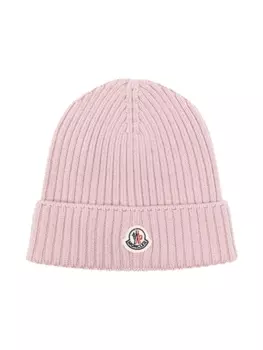 Moncler Enfant шапка-бини в рубчик с логотипом, розовый