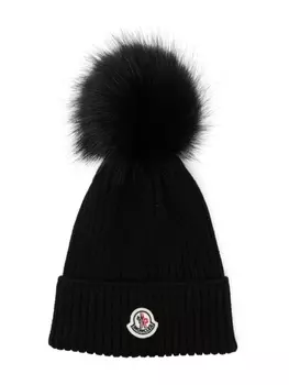 Moncler Enfant шапочка с помпоном в рубчик, черный