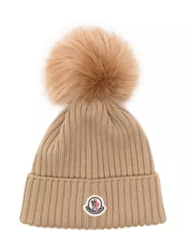 Moncler Enfant шапочка с помпоном в рубчик, нейтральный цвет