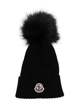 Moncler Enfant шерстяная шапка бини в рубчик с нашивкой-логотипом, черный