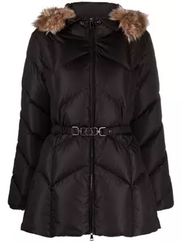 Moncler пуховик с капюшоном и поясом, черный