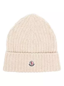 Moncler шапка бини из смесовой вирджинской шерсти с логотипом, нейтральный цвет
