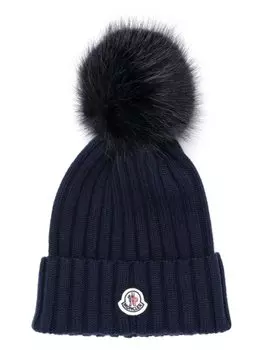 Moncler шапка бини в рубчик с логотипом, синий