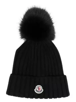 Moncler шапка бини в рубчик с логотипом, черный