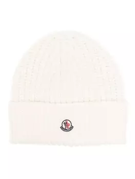 Moncler шапка бини в рубчик с нашивкой-логотипом, белый