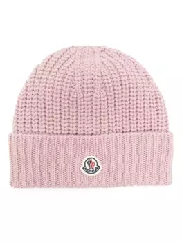 Moncler шапка бини в рубчик с нашивкой-логотипом, розовый