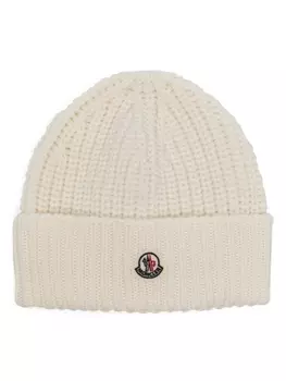 Moncler шапка бини в рубчик с нашивкой-логотипом, белый