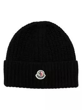 Moncler шапка бини в рубчик с нашивкой-логотипом, черный