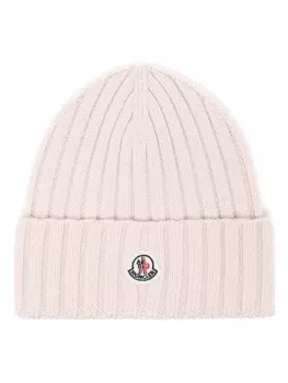 Moncler шапка бини в рубчик с нашивкой-логотипом, розовый