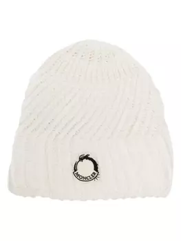 Moncler шапка бини в рубчик с нашивкой-логотипом, нейтральный цвет