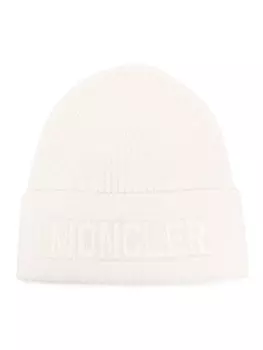 Moncler шапка бини в рубчик с нашивкой-логотипом, белый