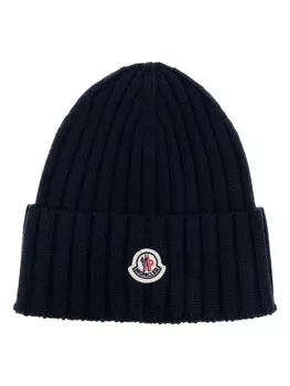Moncler шапка бини в рубчик с нашивкой-логотипом, синий