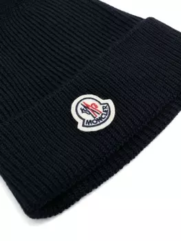 Moncler шапка бини в рубчик с нашивкой-логотипом, синий