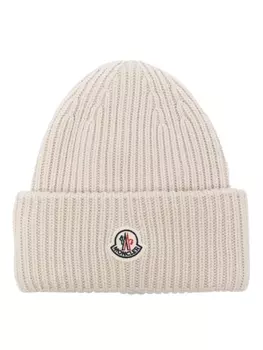 Moncler шапка бини в рубчик с нашивкой-логотипом, нейтральный цвет