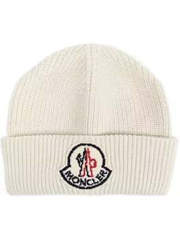 Moncler шерстяная шапка-бини с нашивкой-логотипом, нейтральный цвет