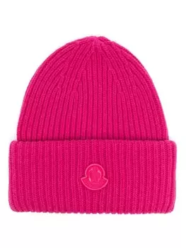 Moncler шерстяная шапка бини с нашивкой-логотипом, розовый