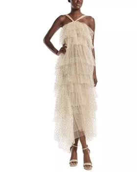 Monique Lhuillier Коктейльное платье с бретелькой на шее и горошком, цвет Champagne Gold