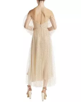 Monique Lhuillier Платье миди из тюля в горошек с открытыми плечами, цвет Champagne Gold