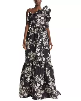 Monique Lhuillier Шелковое платье на одно плечо с рюшами, мультиколор