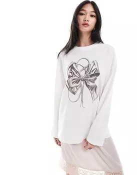 Monki 2013 Белый свободный топ с длинными рукавами и принтом в виде банта