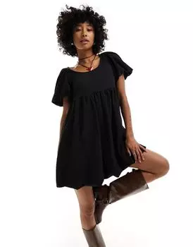 Monki – черное мини-платье с короткими рукавами-фонариками