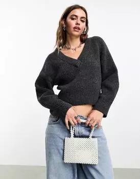 Monki – темно-серый меланжевый вязаный свитер с V-образным вырезом