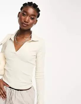 Monki = топ с длинными рукавами кремово-белого цвета = с воротником
