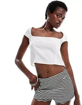 Monki Топ с открытой спиной, короткими рукавами и квадратным вырезом кремового цвета