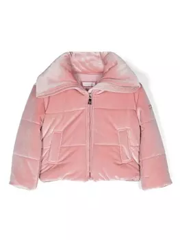 Monnalisa бархатный пуховик с нашивкой-логотипом, розовый