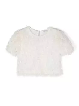 Monnalisa блузка с короткими рукавами и бахромой, белый