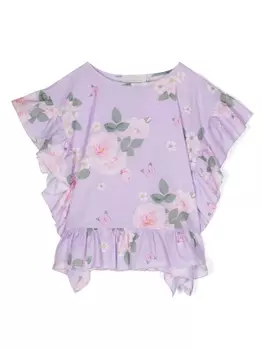Monnalisa блузка с оборками и цветочным принтом, фиолетовый