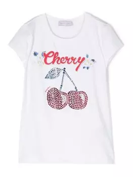 Monnalisa Cherry rhinestone-embellished T-shirt, белый