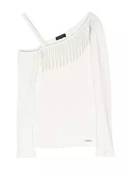 Monnalisa футболка асимметричного кроя в рубчик с бахромой, нейтральный цвет