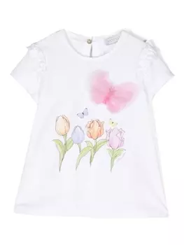 Monnalisa футболка с цветочным принтом и аппликацией, белый