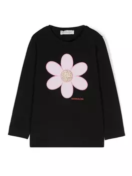 Monnalisa футболка с цветочным принтом и блестками, черный